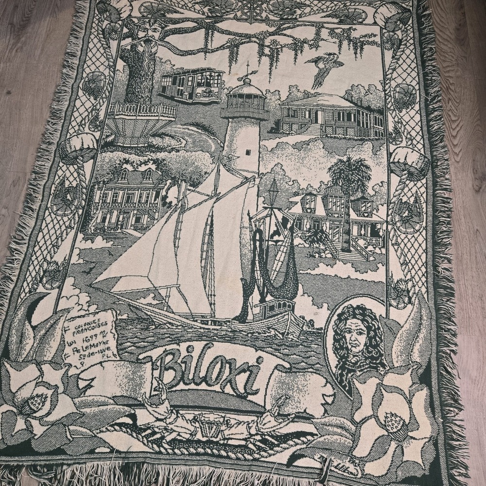 vtg Biloxi Mississippi woven Souvenir Throw Blanket Tapestry‎ 46x60" Green Cream